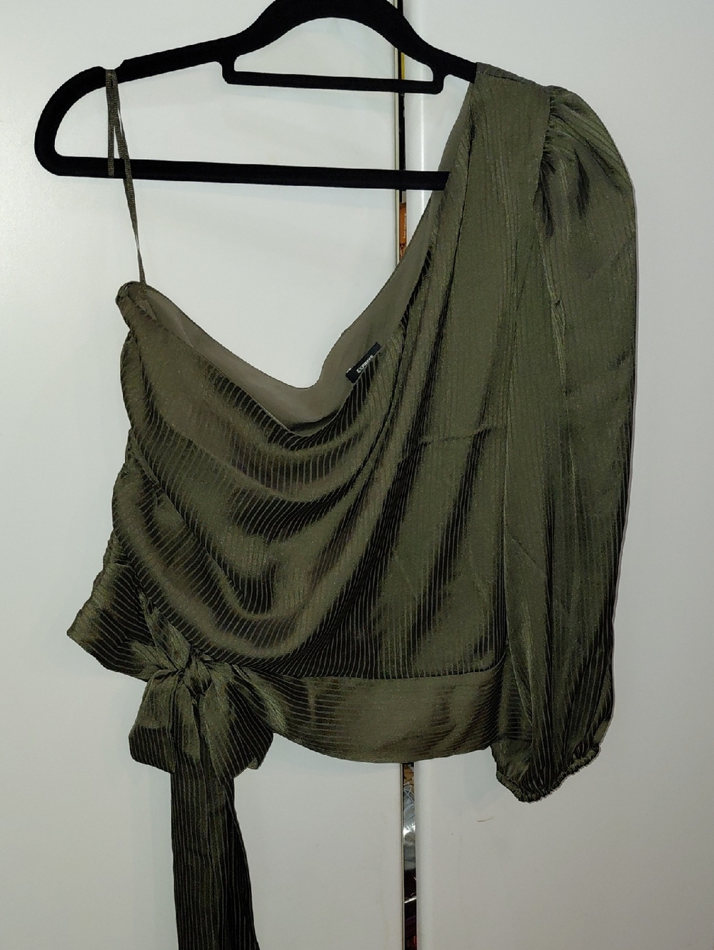 Express Olive Green Satin Draped One-Shoulder Top